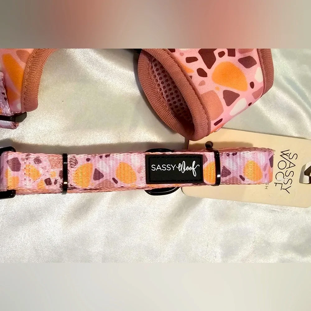 Size SMALL Sassy Woof Pink Mosaic Dog Harness, Collar & Leash Set